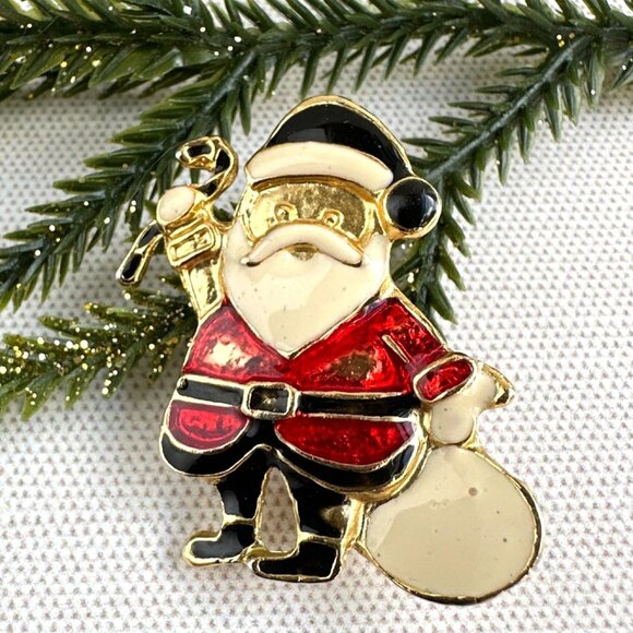 None Jewelry - Vintage Enamel Santa Claus Brooch Pin Gold Tone Red & Black Christmas Holiday